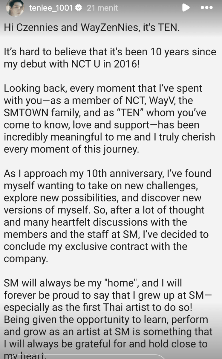 surat Ten usai meninggalkan SM Entertainment