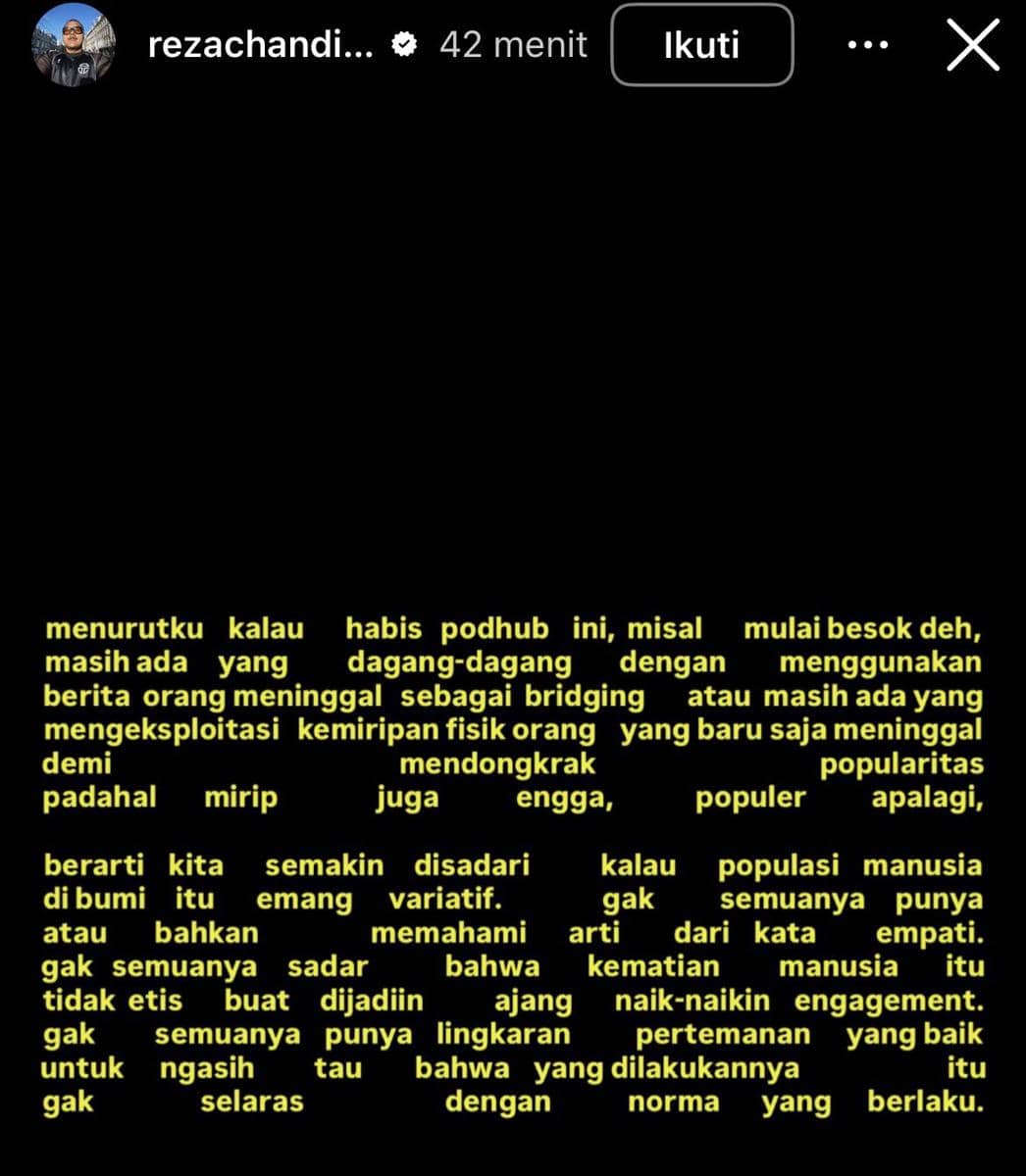 Reaksi Reza Chandika soal orang yang manfaatkan meninggalnya Vidi Aldiano