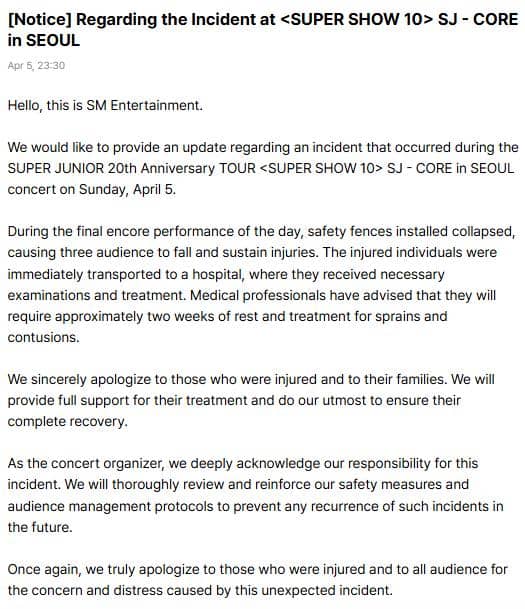 Pernyataan soal insiden pagar roboh di encore Super Junior