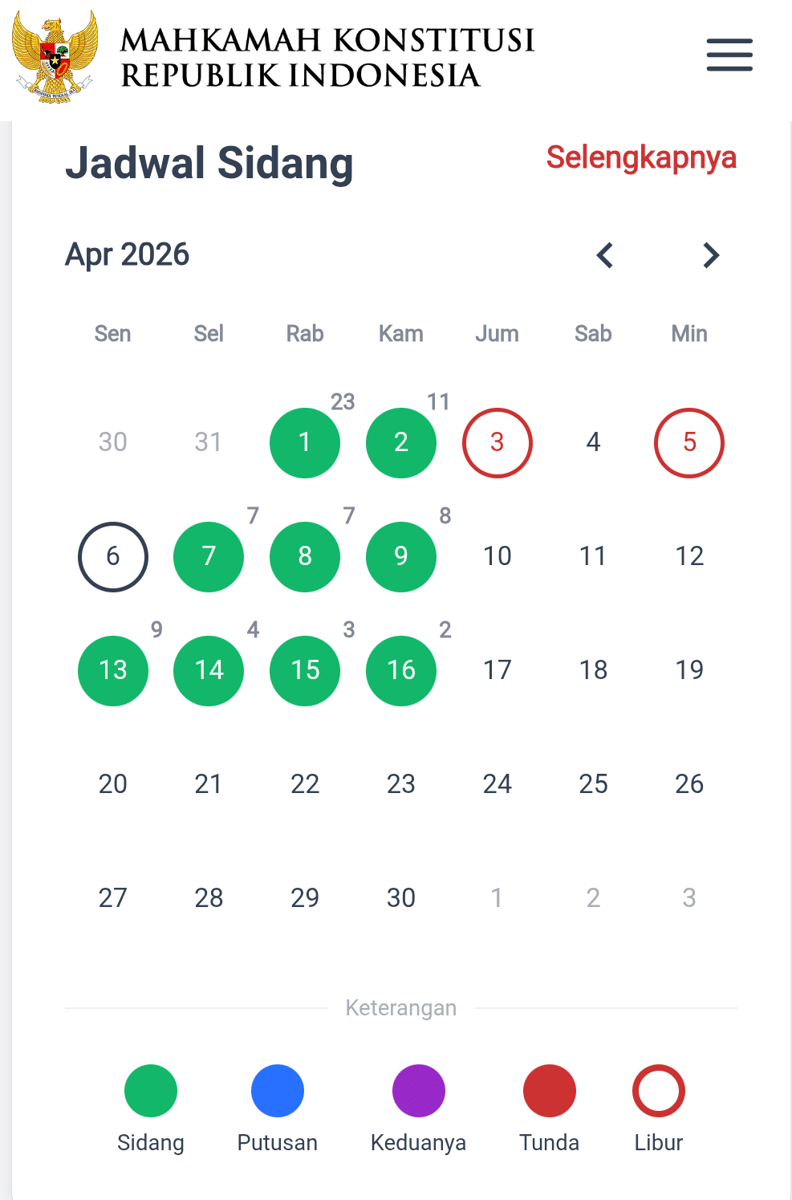 Kalender jadwal sidang MK (dok. Situs resmi Mahkamah Konstitusi)