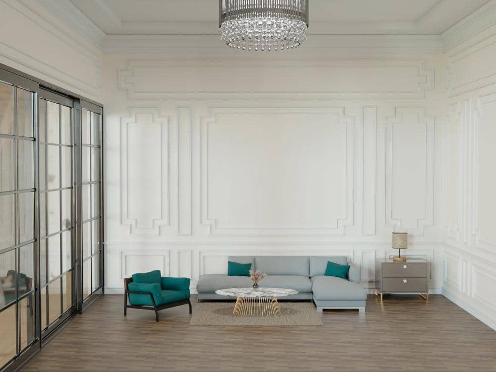 ilustrasi ruang tamu dengan elemen wall moulding