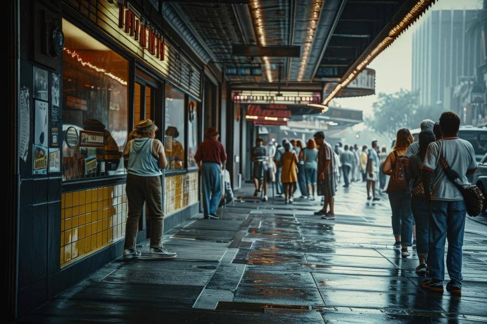 ilustrasi deretan kafe/restoran yang mirip dalam satu area