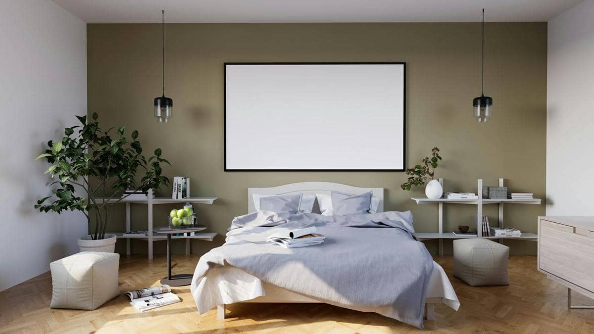 ilustrasi kamar dengan cat warna olive green