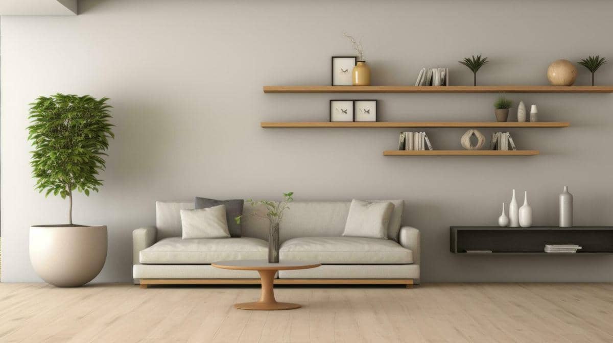 ilustrasi ruang tamu dengan elemen rak dinding 