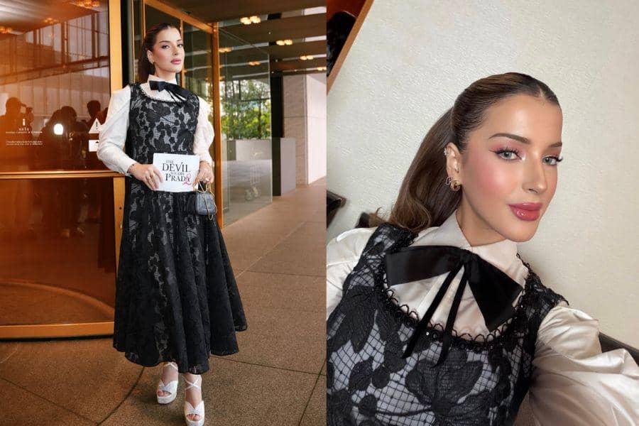 OOTD Tasya Farasya saat Wawancara Anne Hathaway, Monokrom Elegan!