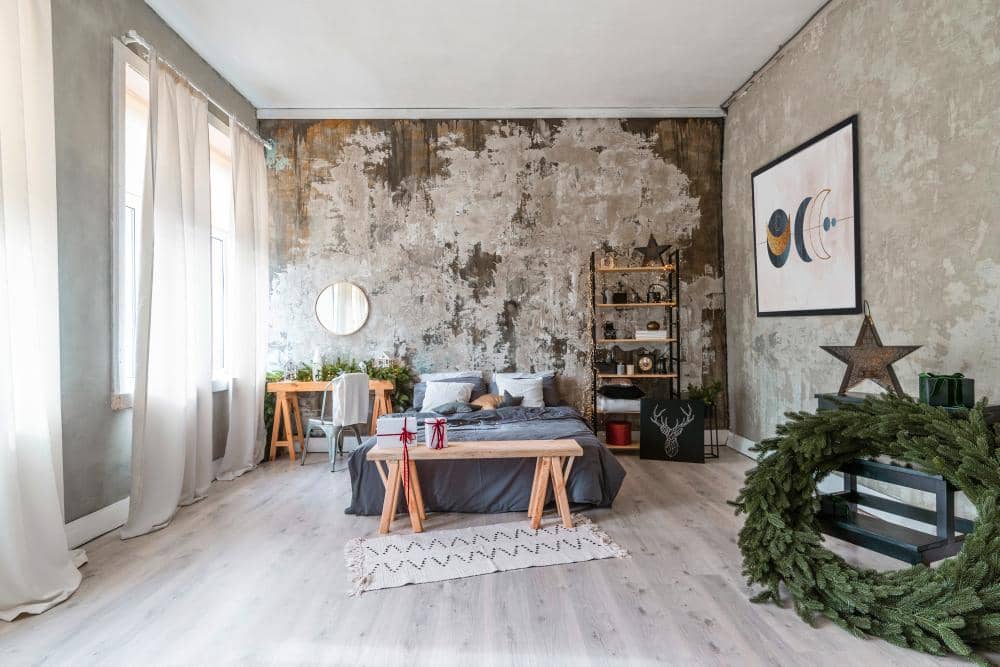 ilustrasi ruang tamu dengan background dinding semen eskpos