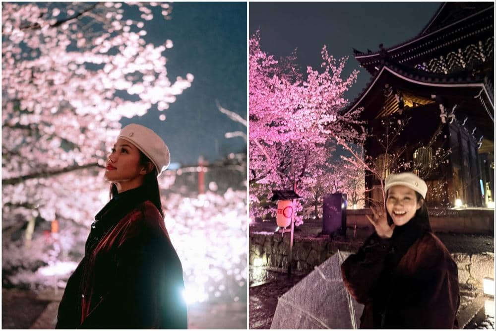 7 Potret Yura Yunita Jalan-jalan Menikmati Sakura saat Malam di Kyoto