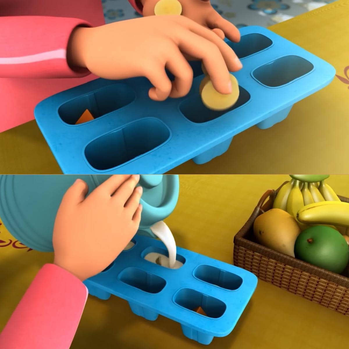 Kak Ros memasukkan potongan buah dan bahan cair ke dalam cetakan es krim