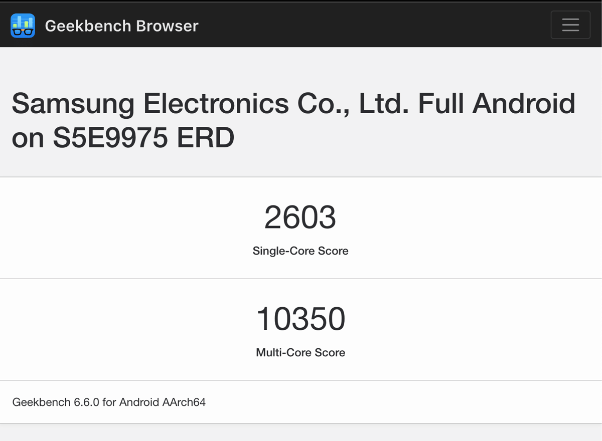 Exynos 2700 mencatatkan skor 2.603 poin untuk single-core dan 10.350 poin untuk multi-core