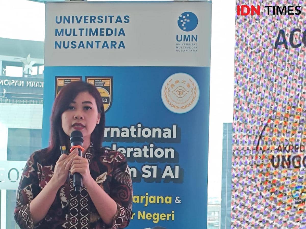 Wakil Rektor Bidang Akademik dan Internasionalisasi UMN, Prof. Dr. Friska Natalia, S.Kom., M.T. dalam peluncuran Prodi AI dan Program RPL UMN pada Kamis (9/4/2026) di Ascott Menteng, Jakarta Pusat. (IDN Times/Febriyanti Revitasari)