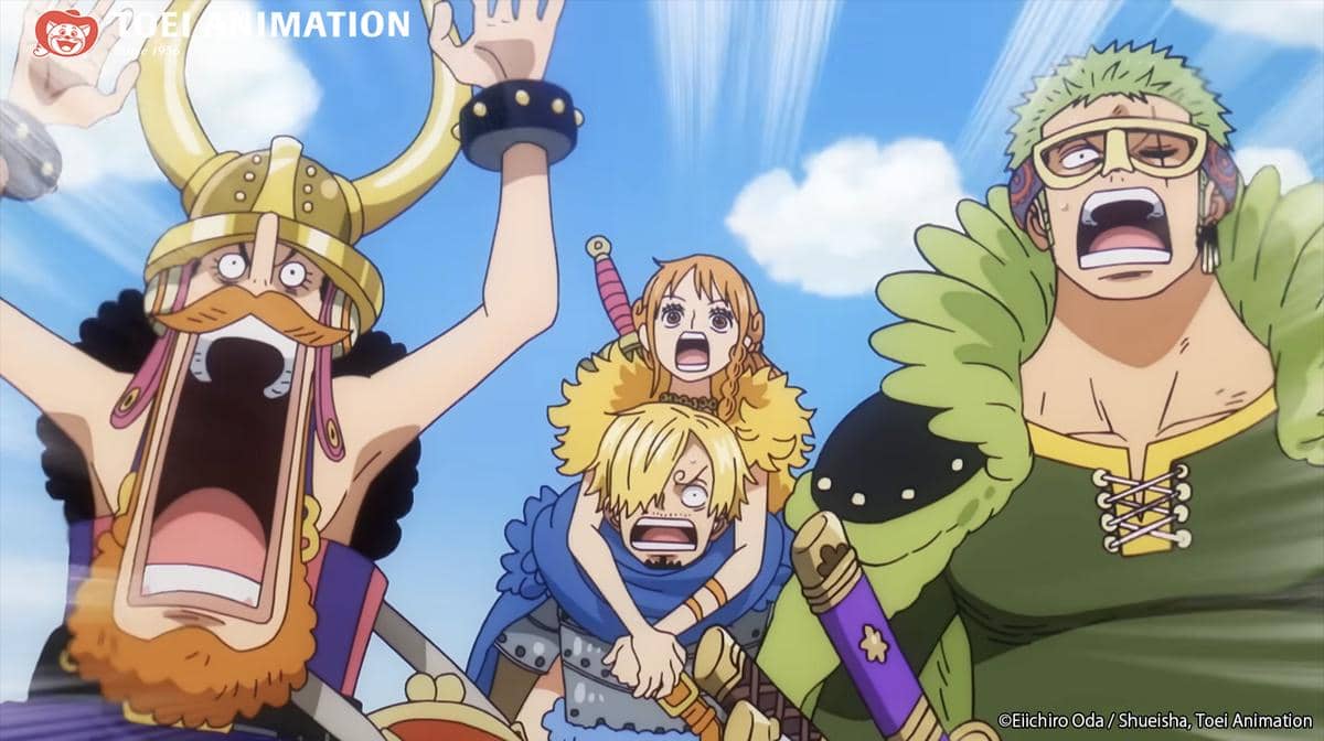 Ekspresi kaget karakter Usopp, Nami, Sanji, dan Zoro di anime One Piece