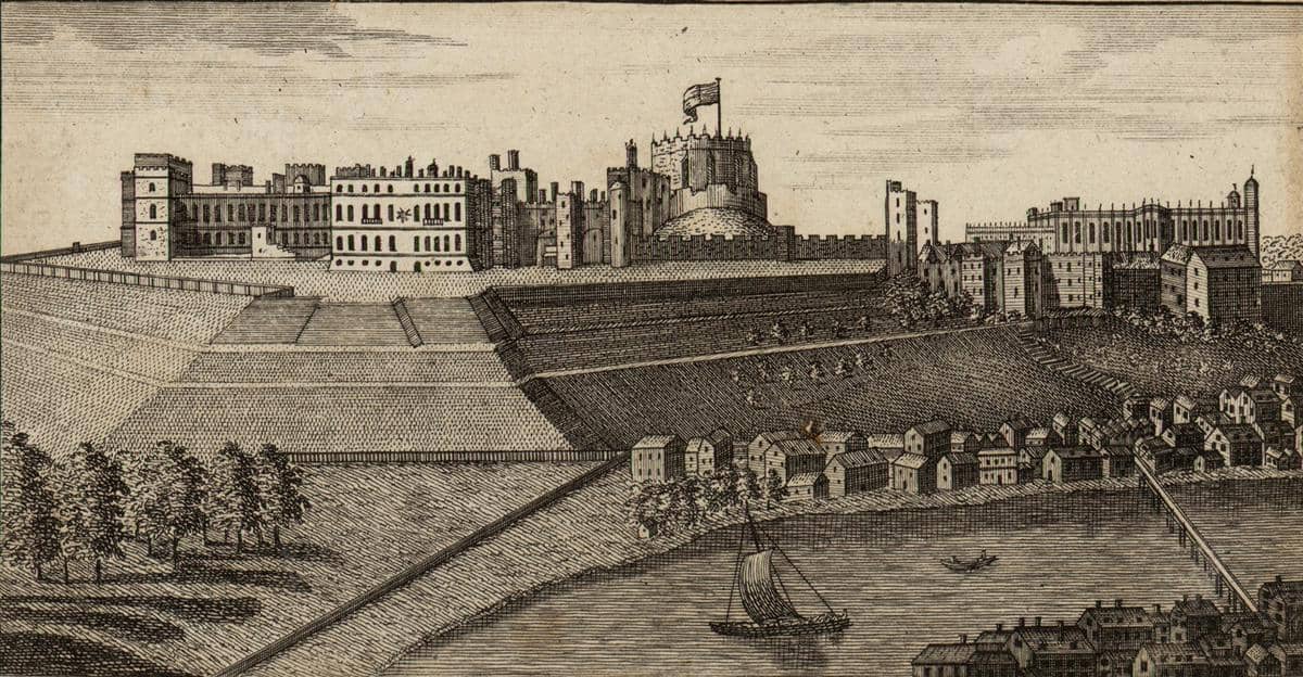 ilustrasi Kastil Windsor pada abad ke-18 yang menggambarkan bentuk dan lingkungannya pada masa awal