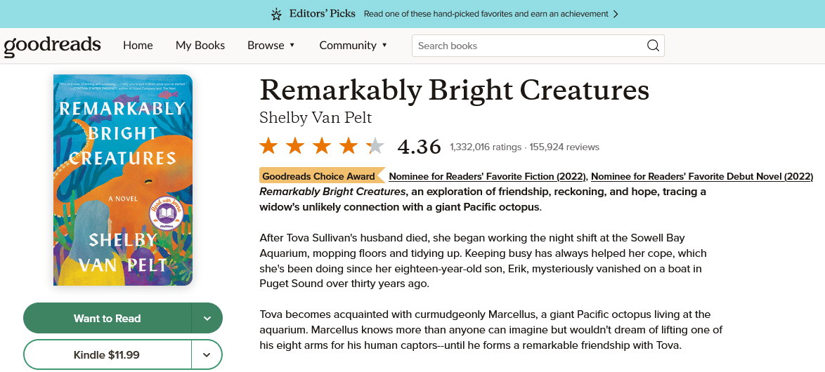 Review Remarkably Bright Creatures (foto tangkapan layar via Goodreads)