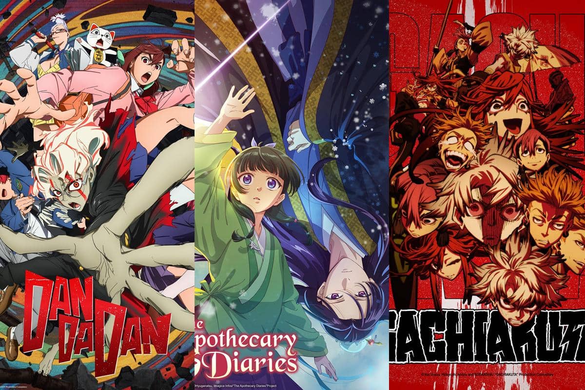 kolase poster Dandadan, The Apotechary Diaries dan Gachiakuta