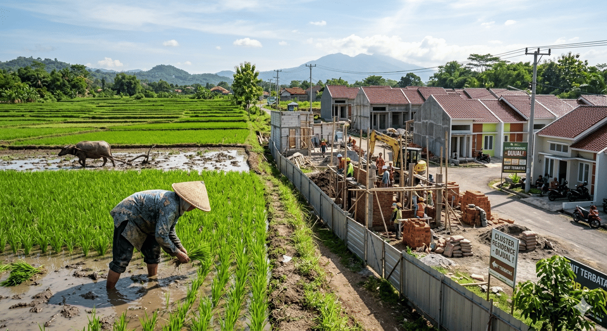 Petani di sawah dengan latar pembangunan permukiman