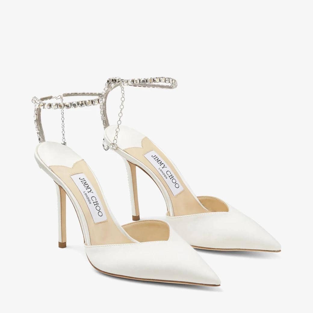 Jimmy Choo Saeda 100 Ivory Satin Pumps with Crystal Embellishment