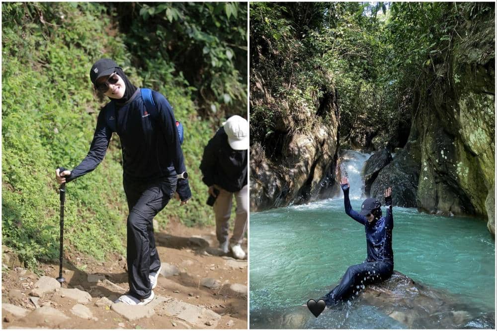 10 Potret Henny Rahman Trekking ke Curug, Happy Main di Alam