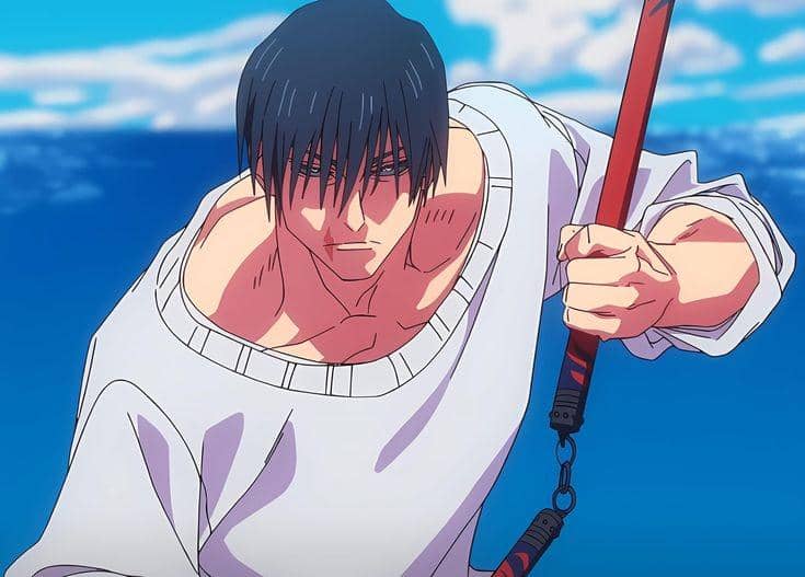 Toji Fushiguro berdiri membawa senjata Playful Cloud dalam adegan anime Jujutsu Kaisen produksi MAPPA.