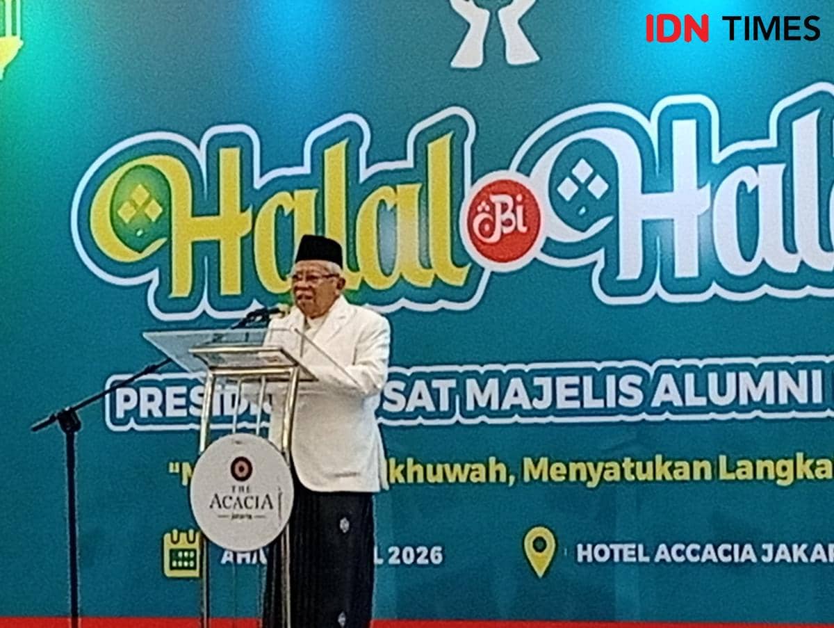 Wakil Presiden ke-13 RI sekaligus ulama senior Nahdlatul Ulama, Ma'ruf Amin, dalam acara Halal Bihalal Majelis Alumni PBNU di Jakarta Pusat, Minggu (12/4/2026)/ IDN Times Dini Suciatiningrum