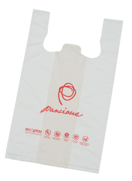 Tas belanja biodegradable merek Ecoplas yang terbuat dari pati singkong. 