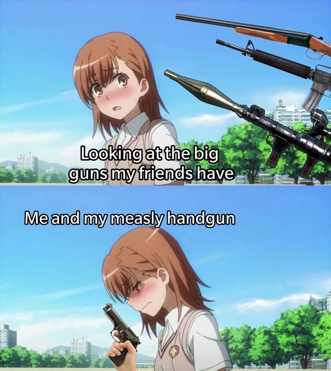 meme karakter anime cewek pegang senjata