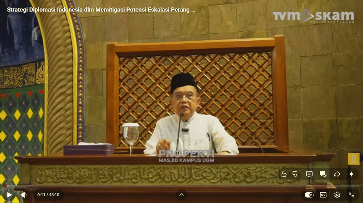 Kanal YouTube resmi milik Masjid Kampus Universitas Gadjah Mada (UGM) menyampaikan pesan tentang ceramah Wakil Presiden ke-10 dan ke-12 RI Jusuf Kalla (JK) yang dinilai menistakan ajaran Kristen. (YouTube Masjid UGM)