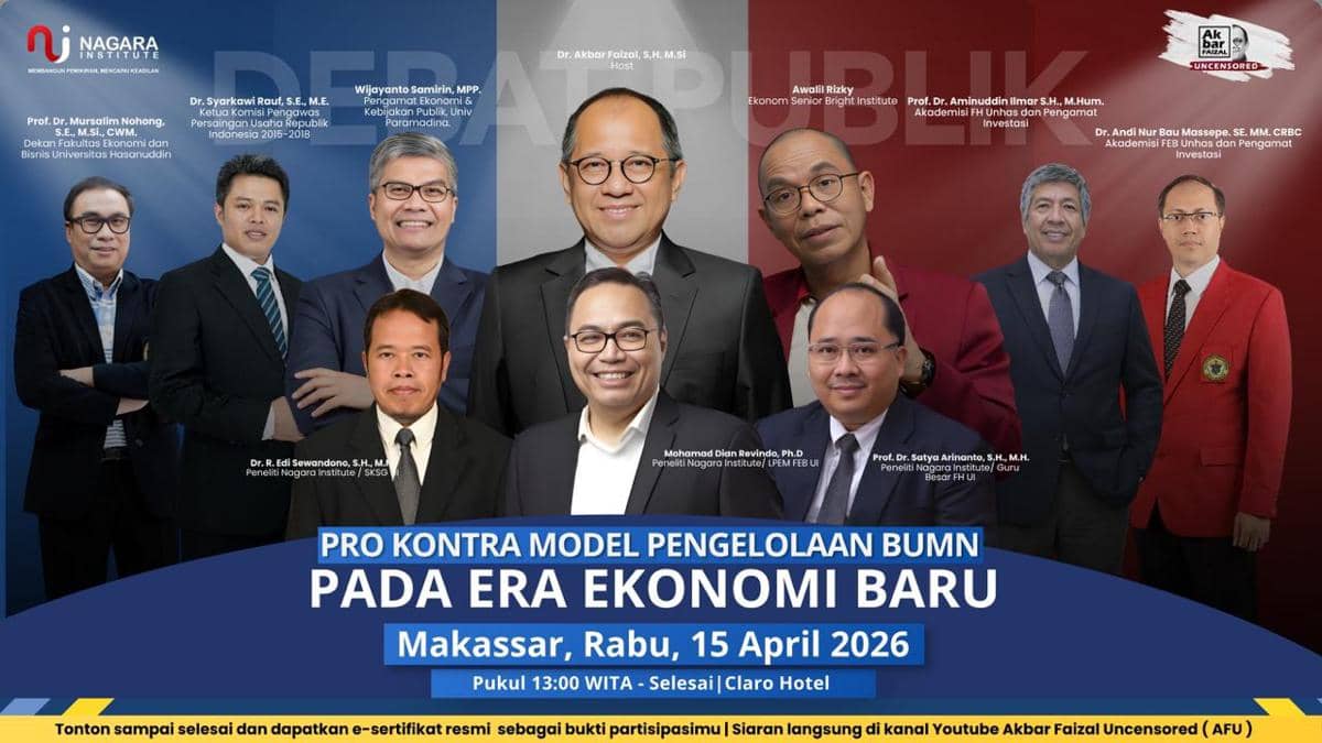 Debat publik bertajuk ‘Pro Kontra Model Pengelolaan BUMN pada Era Ekonomi Baru’ yang digelar Nagara Institut di Hotel Claro, Makassar, Rabu (15/4/2026). (Dok. IDN Times/Istimewa)