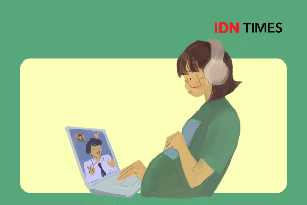 Ilustrasi seorang ibu hamil melakukan telemedicine dengan dokter kandungan.