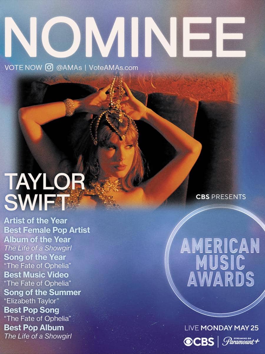 Taylor Swift mendominasi dengan masuk di 8 kategori nominasi American Music Awards 2026