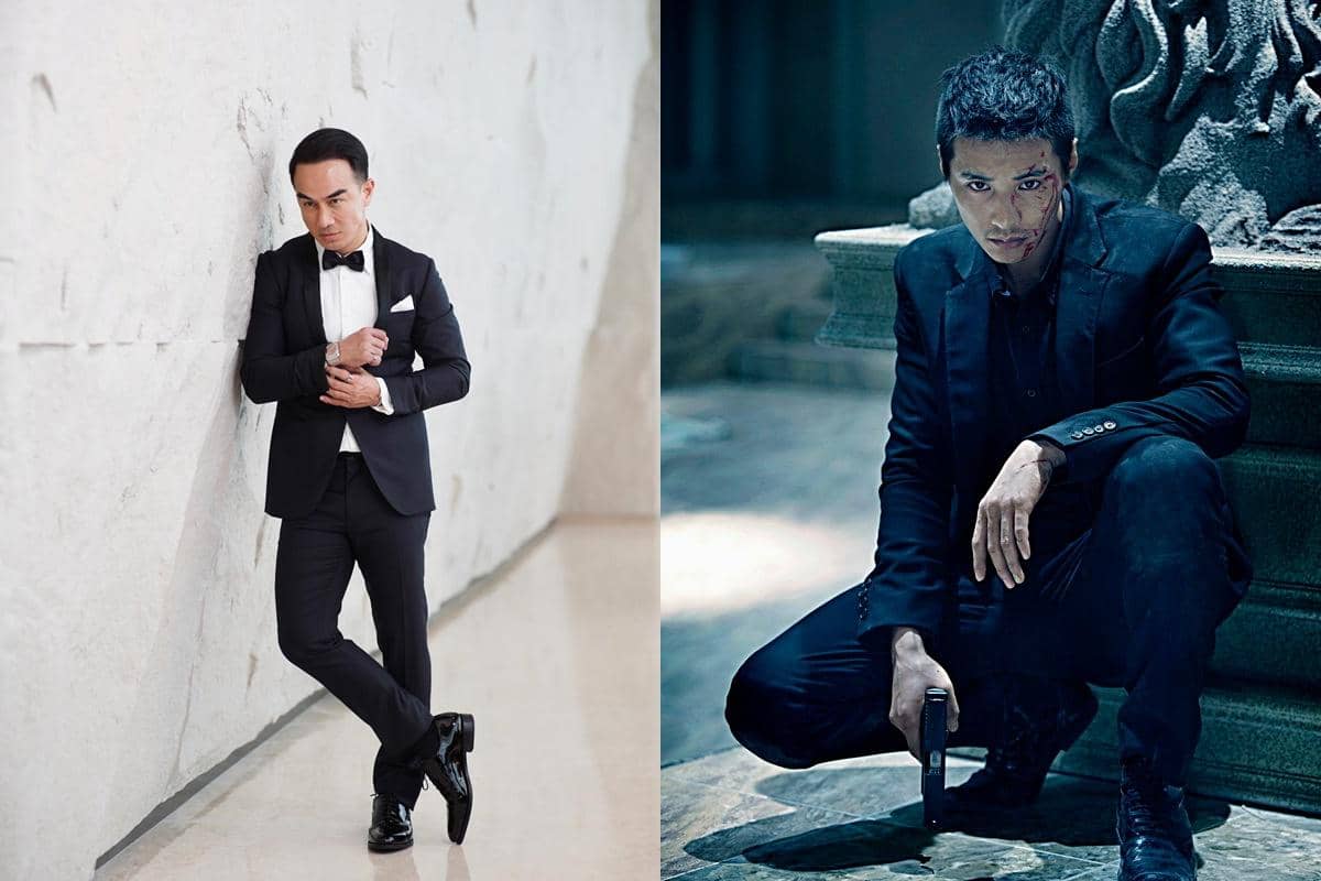 Kolase foto Joe Taslim dan Won Bin sama-sama pakai jas