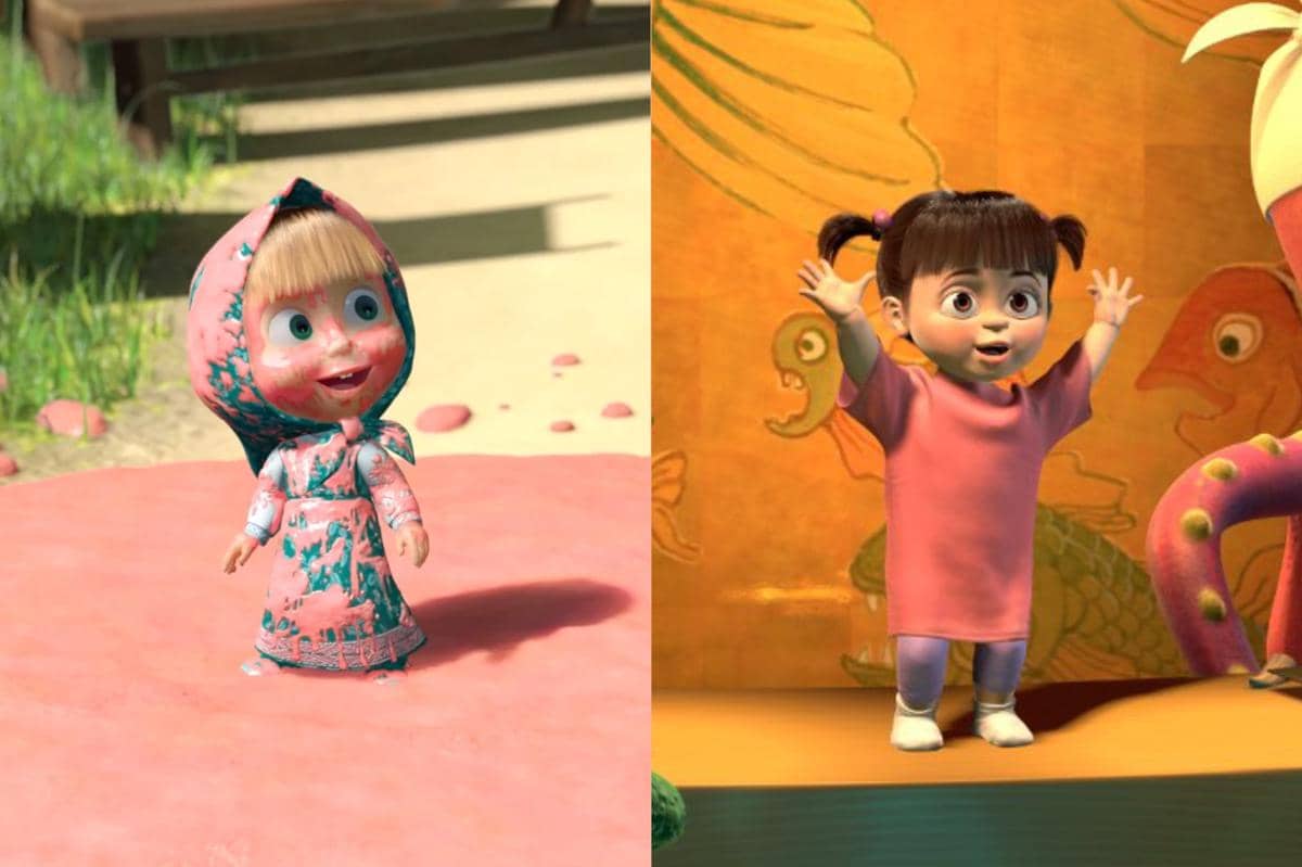 Masha menumpahkan bubur pink ke seluruh bajunya serta scene saat Boo membuat kaget seluruh pelanggan monster di restoran Sushi