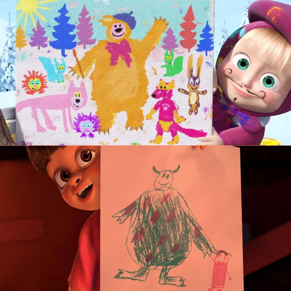 Masha punya hasil lukisan tangan yang bagus, begitupun Boo yang pandai menggambar dan mudah dikenali objek yang dibuatnya