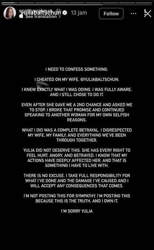 Pengakuan suami Yulia Baltschun soal perselingkuhan kedua