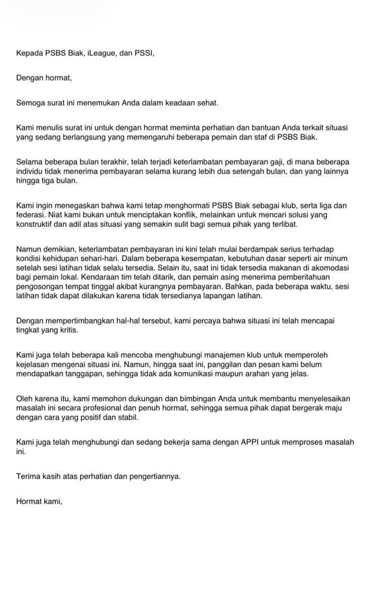 Surat pemain dan staf PSBS Biak soal tunggakan gaji