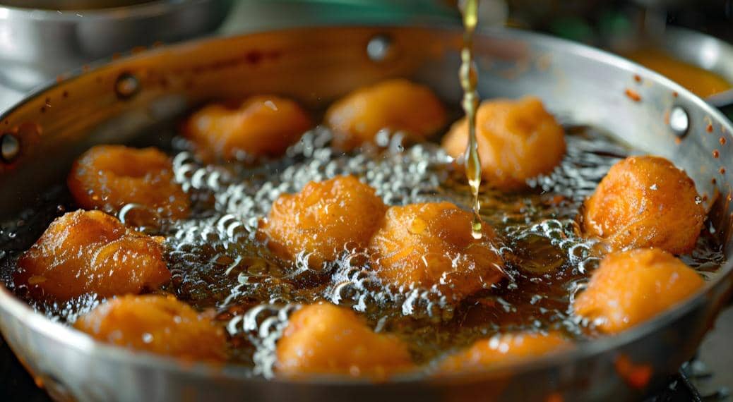 Beberapa adonan berwarna cokelat keemasan sedang digoreng dalam minyak panas di wajan logam besar.