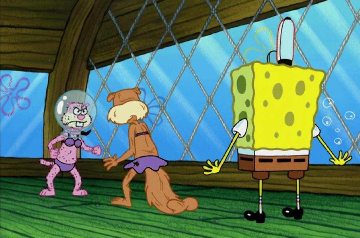 Sandy dan Plankton yang sedang menyamar bertemu