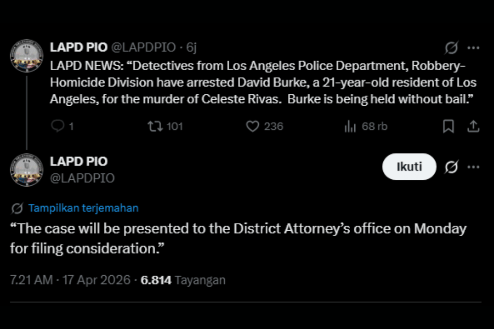 Bunyi pernyataan Kepolisian Los Angeles terkait penangkapan D4vd yang diunggah di X