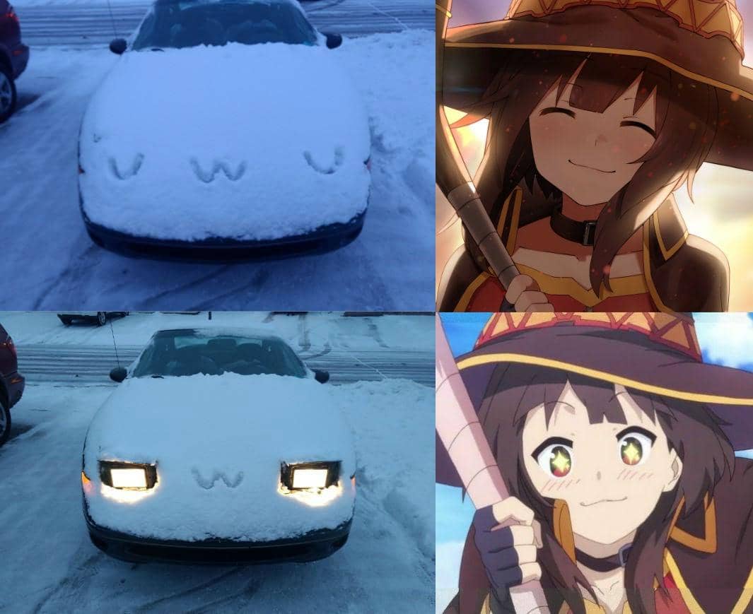 Mobil tertutup salju dengan simbol wajah lucu di kap mesin disandingkan dengan karakter anime berwajah senang mengenakan topi penyihir.
