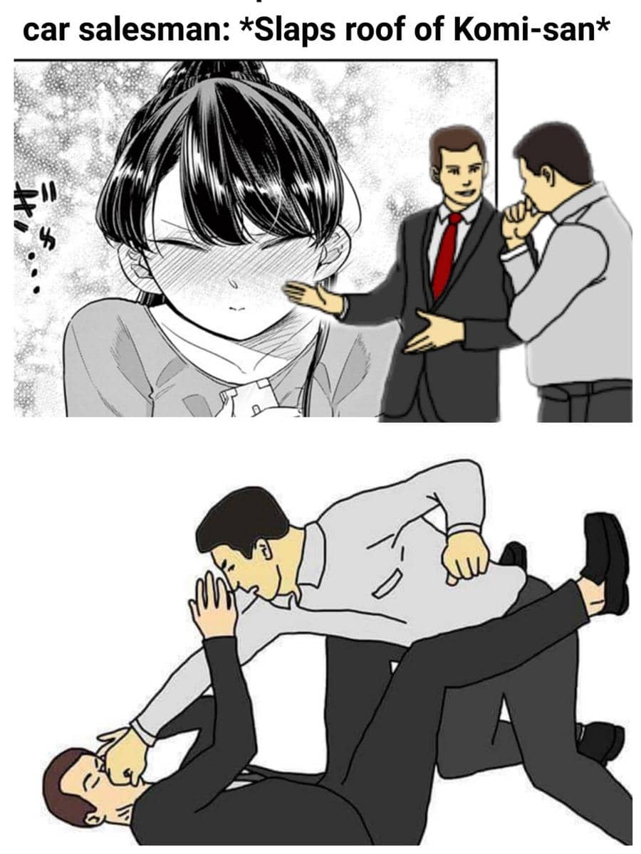 Meme anime menampilkan karakter Komi-san dengan ekspresi malu dan dua pria bergaya salesman mobil yang kemudian berkelahi.