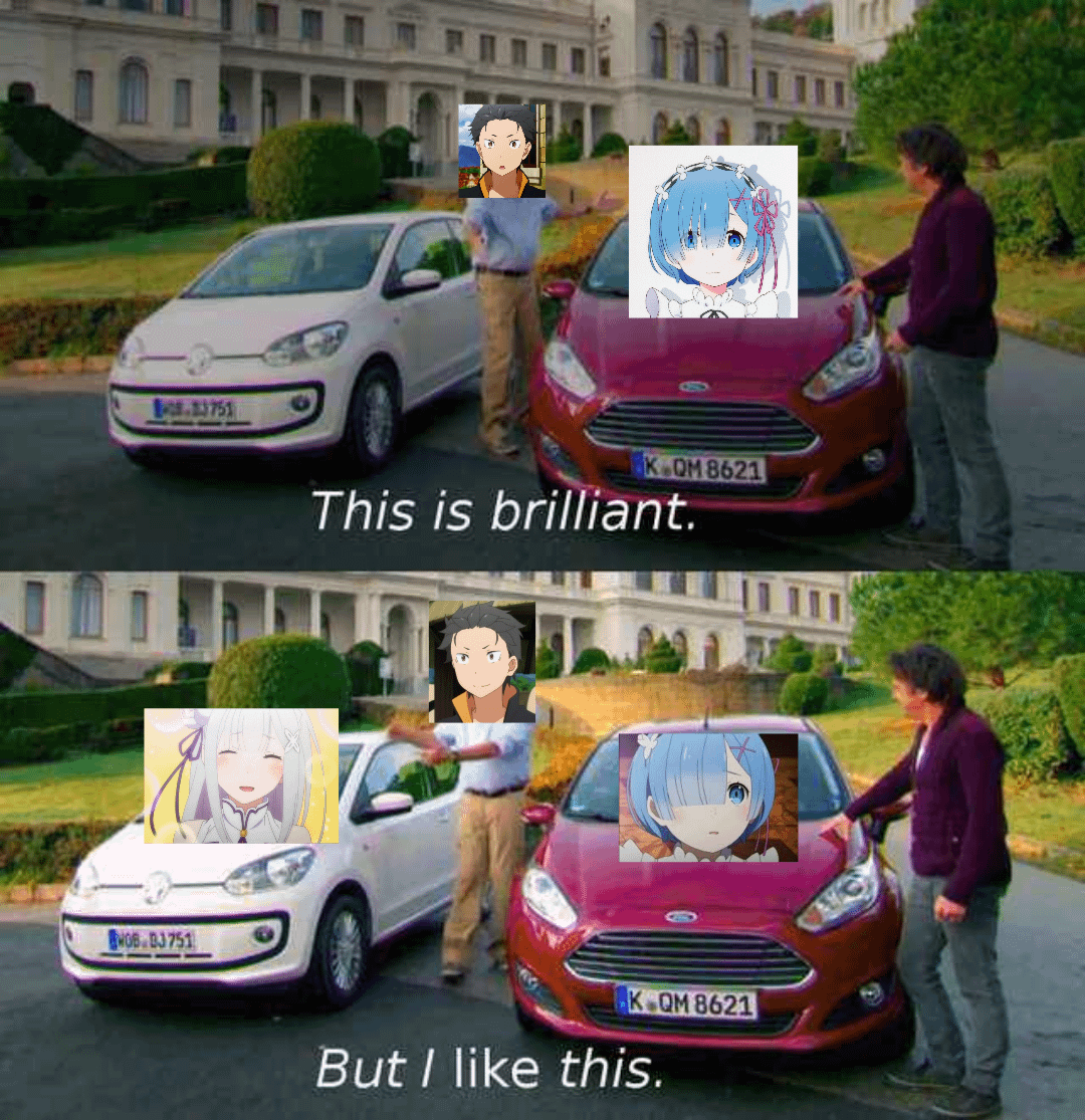 Meme anime dengan adegan dua mobil dan karakter anime yang ditempelkan pada wajah orang, meniru format lucu perbandingan mobil.