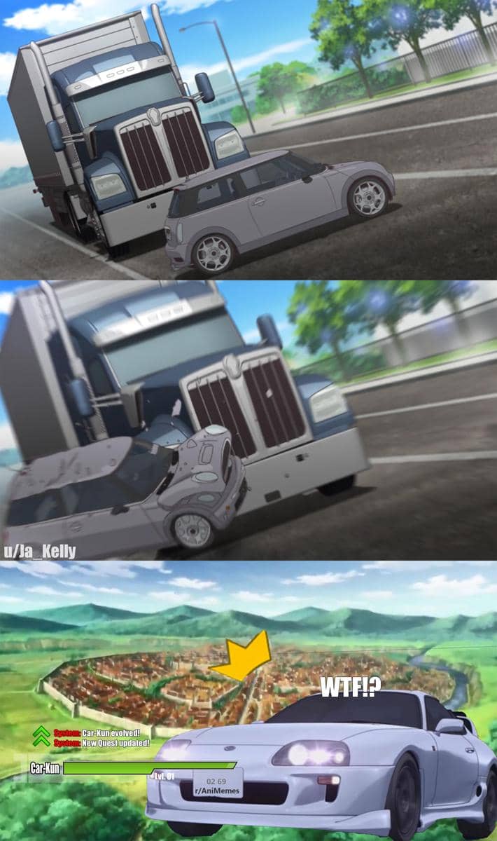 Meme anime menampilkan mobil kecil tertabrak truk besar lalu berevolusi menjadi mobil sport putih dengan latar kota fantasi.