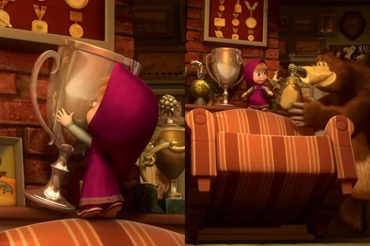 Masha membereskan semua kekacauan di rumah Bear usai sebelumnya membuatnya berantakan