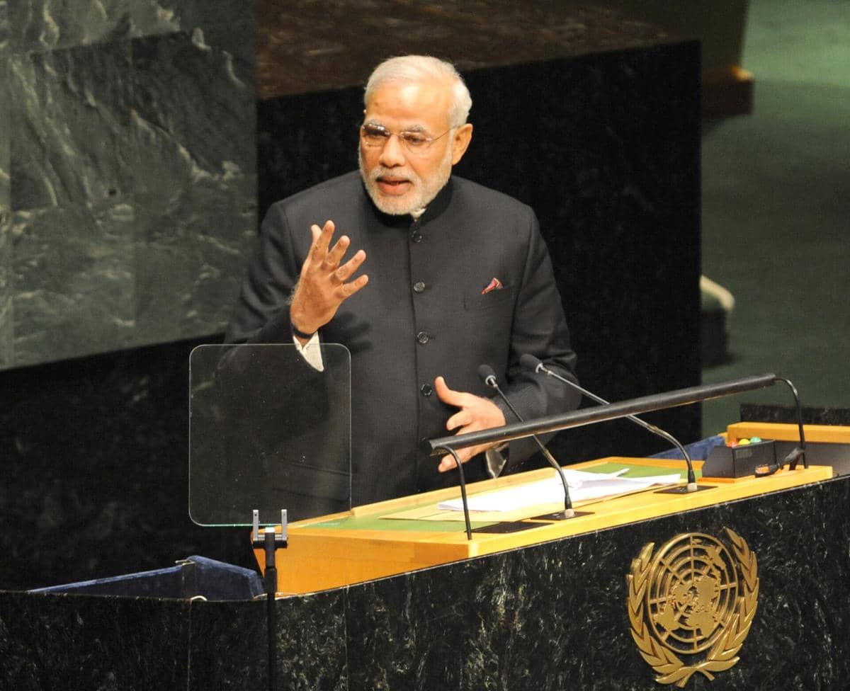 PM Modi berpidato di Sidang Umum PBB ke-69. Tanggal 30 September 2014 (Press Information Bureau, GODL-India, via Wikimedia Commons)