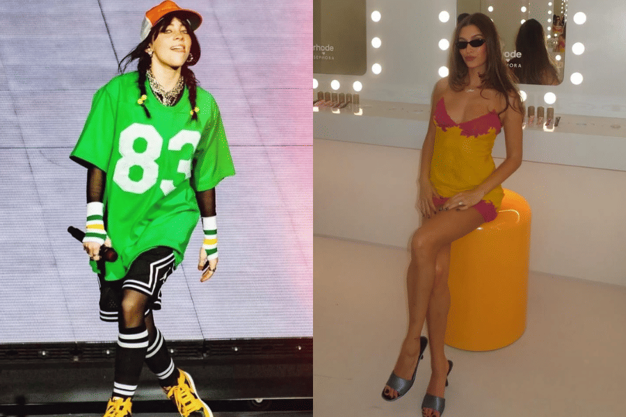 Dua perempuan bergaya kontras, satu mengenakan kaus hijau oversized dengan topi dan sepatu sneakers, satunya memakai gaun mini kuning merah dan kacamata hitam.