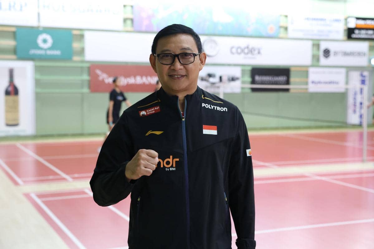 Pelatih tunggal putri Indonesia, Imam Tohari dalam latihan jelang Thomas dan Uber Cup 2026