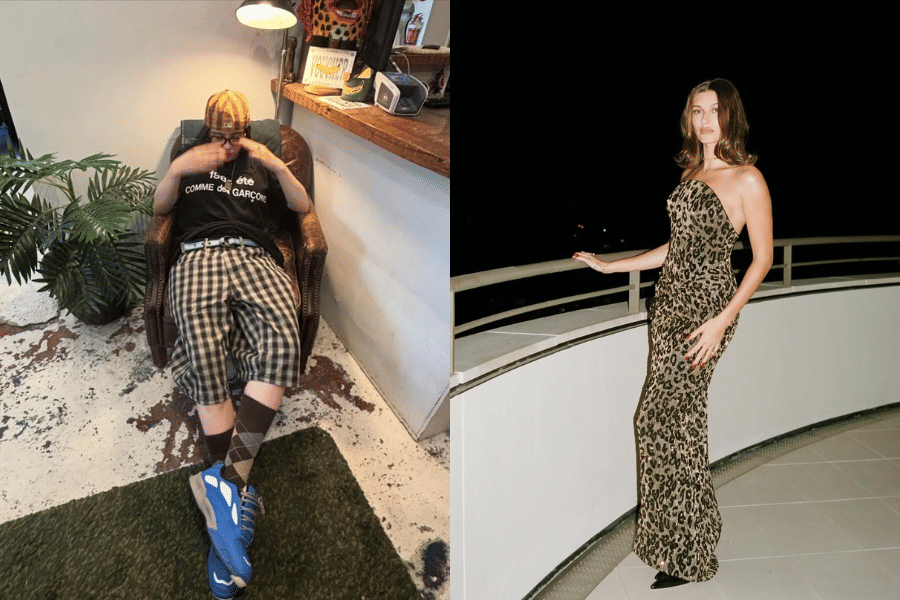 Perbandingan gaya dua selebritas, satu mengenakan busana kasual dengan celana kotak-kotak dan sepatu biru, lainnya memakai gaun panjang motif leopard.