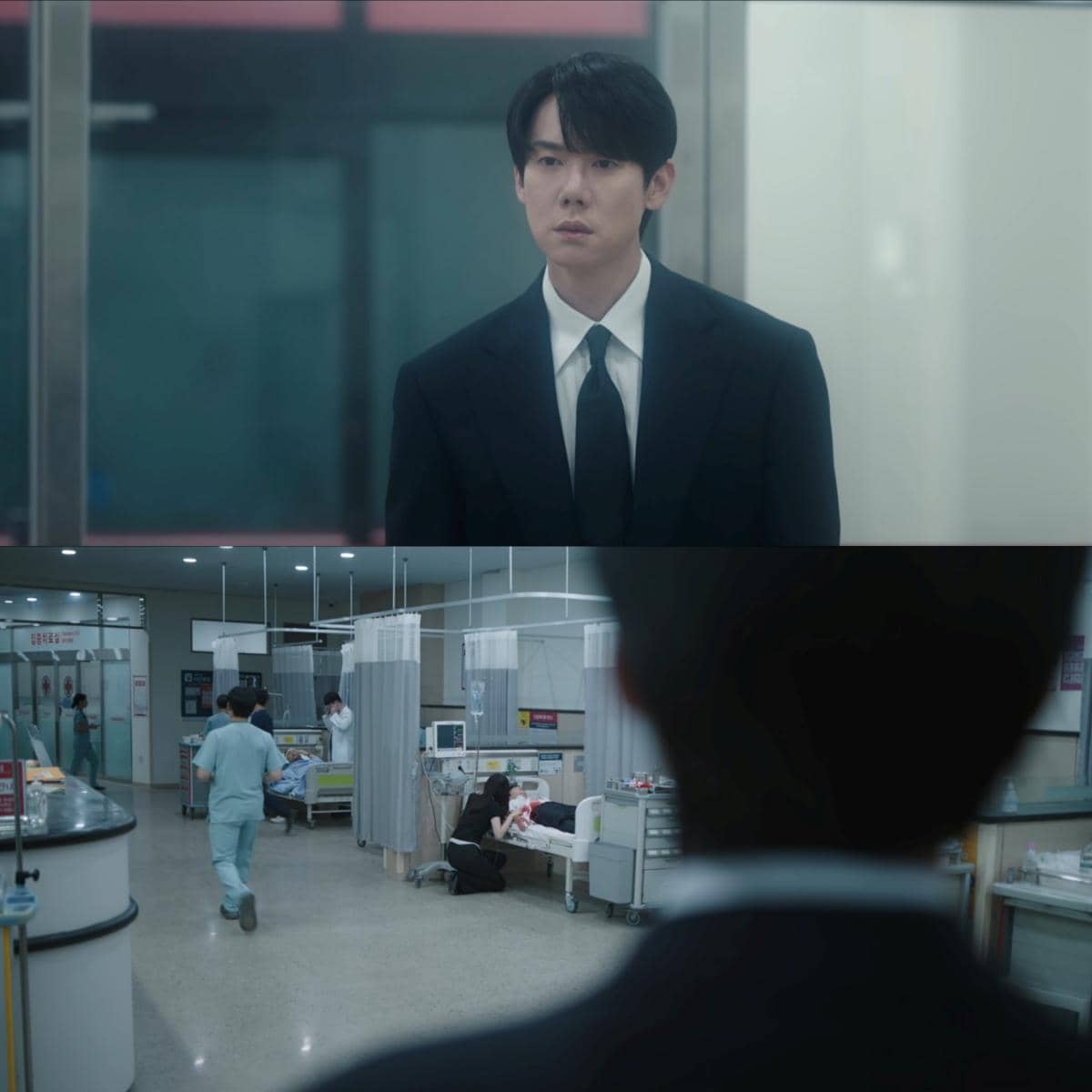 Seorang pria mengenakan setelan jas hitam berdiri di koridor rumah sakit dengan ekspresi serius dalam adegan drama Korea Phantom Lawyer.