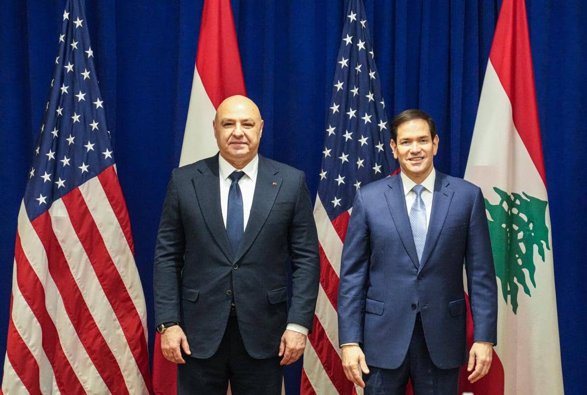 Presiden Lebanon, Joseph Aoun, sedang melakukan pertemuan dengan Menteri Luar Negeri Amerika Serikat, Marco Rubio, di Kota New York pada September 2025.