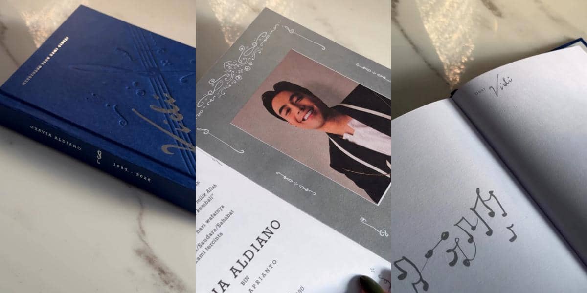 Buku Yasin berwarna biru dengan desain elegan berisi foto dan halaman dedikasi untuk mengenang mendiang Vidi Aldiano.