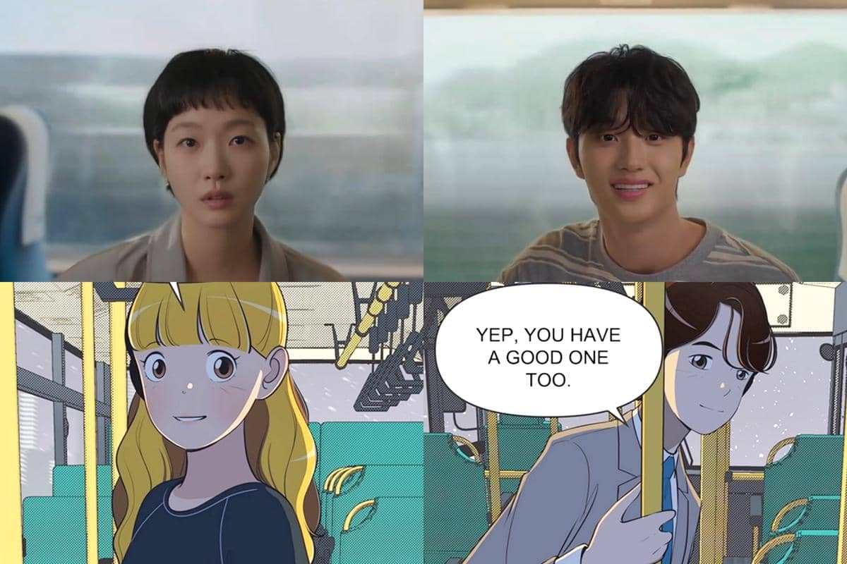 Perbandingan adegan antara versi drama dan webtoon Yumi's Cells 3 menampilkan dua karakter utama di kereta dan bus.